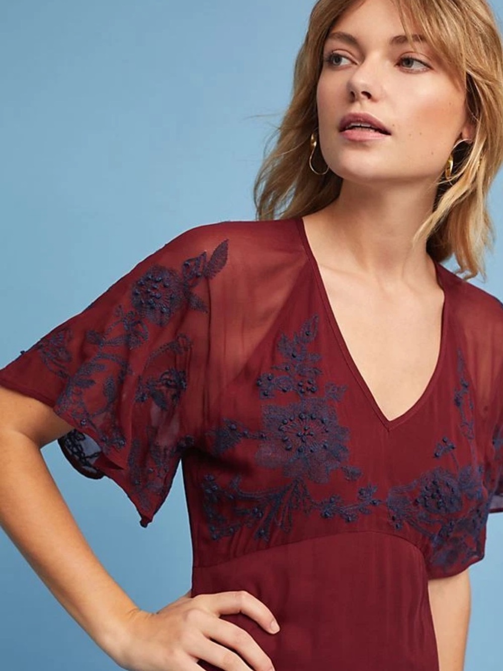 Maeve Burgundy Dress with Sheer Details